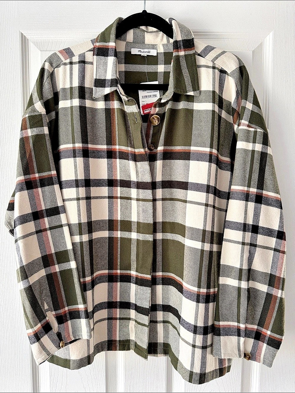 Madewell Flannel Oversized Ex-Boyfriend Shirt in Dark Plaid Jacket Green & White